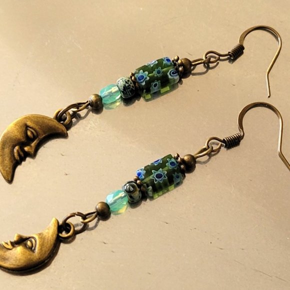 Crescent MOON Face Charm Earrings Millefiori Picasso Bronze Plated Hook Earwires - Picture 13 of 13